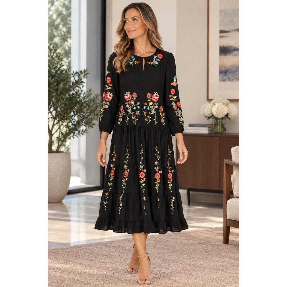 Zoya Womens Black Floral Embroidered Boho Drop Waist Ruffle Hem Midi Dress